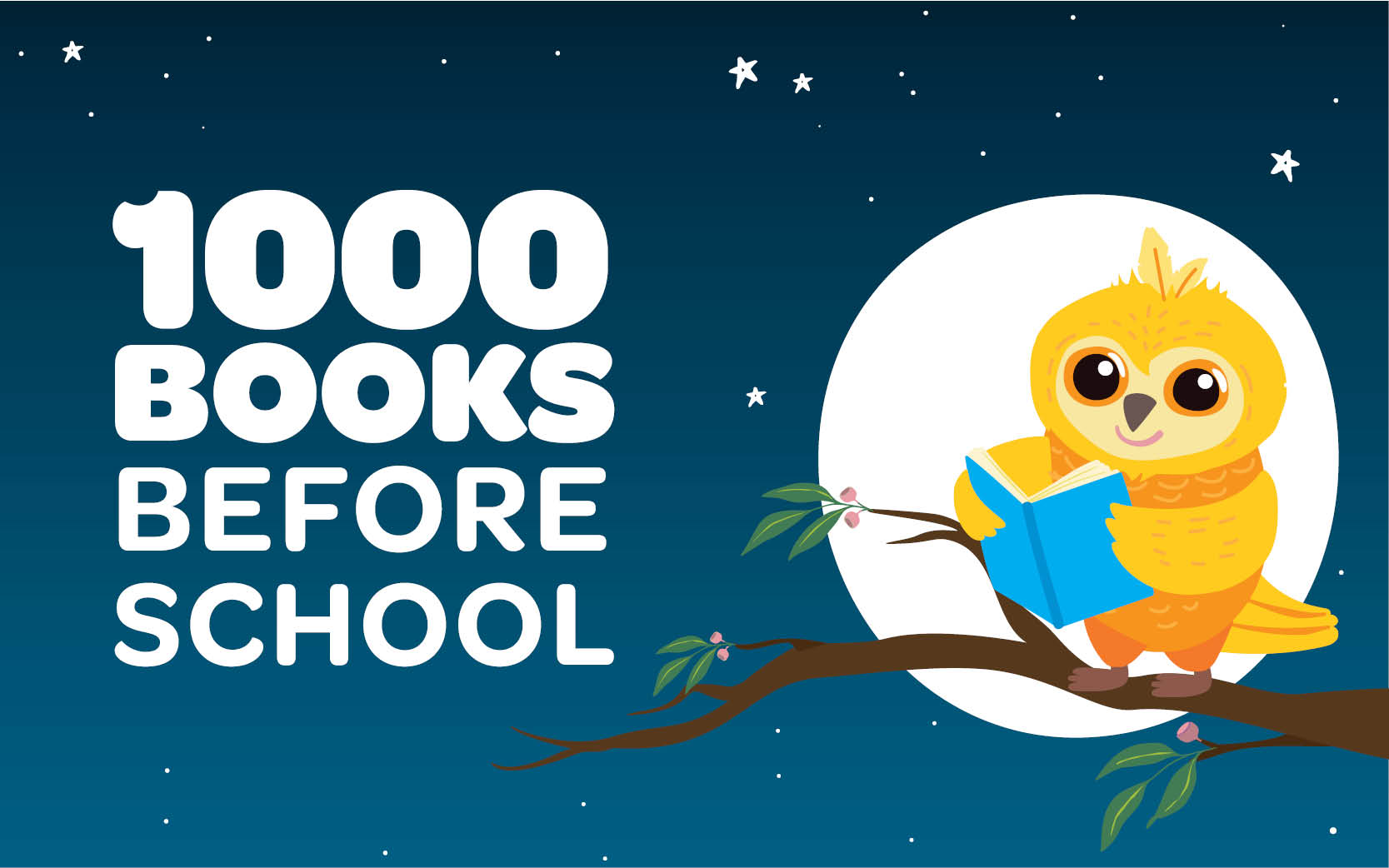 A colorful cartoon owl resting on a branch, with the message "1000 books before school" in bold, eye-catching text.