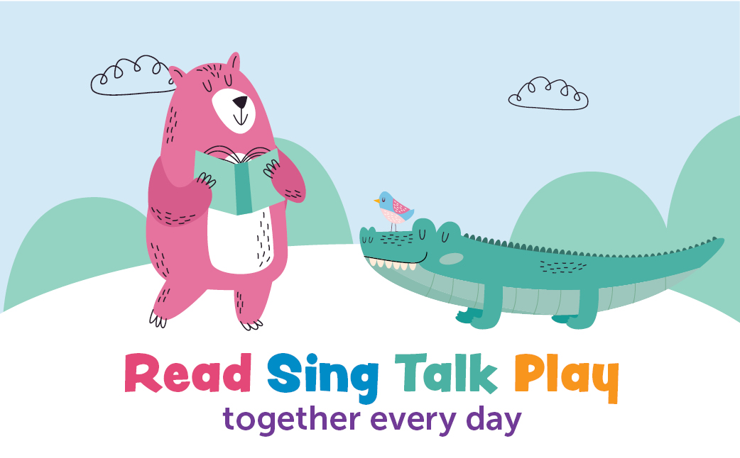 Read, sing, talk, play together everyday. Bear and Crocodile reading.