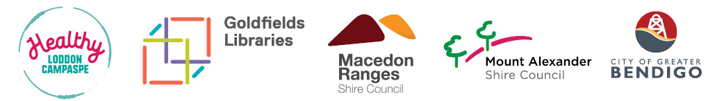 Healthy Loddon Campaspe logo, Goldfields Libraries logo, Macedon Ranges Shire Council logo, Mount Alexander Shire logo, City of Greater Bendigo logo