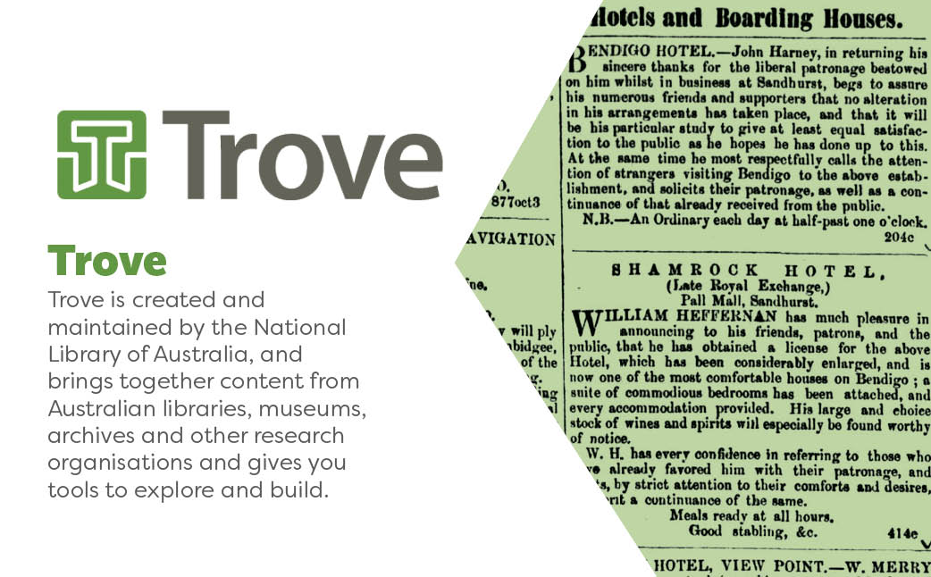 Trove is created and maintained by the National Library of Australia and brings together content from Australian libraries, museums, archives and other research organisations and gives you tools to explore and build.