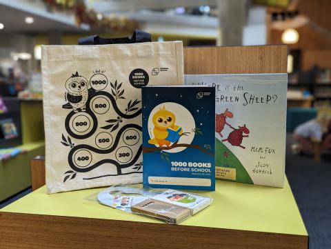 1000 Books Before School goodies pack. Including a canvas bag, 1000BBS reading log, picture book and activity pack.